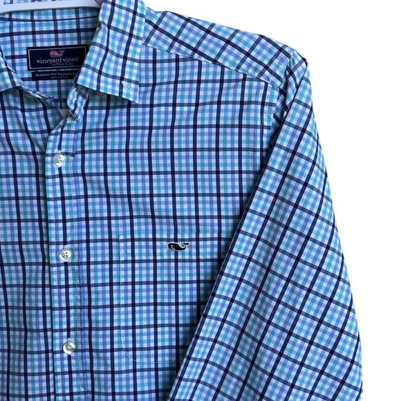 Vineyard Vines Mens S Gingham Blue Teal Plaid Classic Fit Tucker Shirt Preppy - Picture 5 of 12
